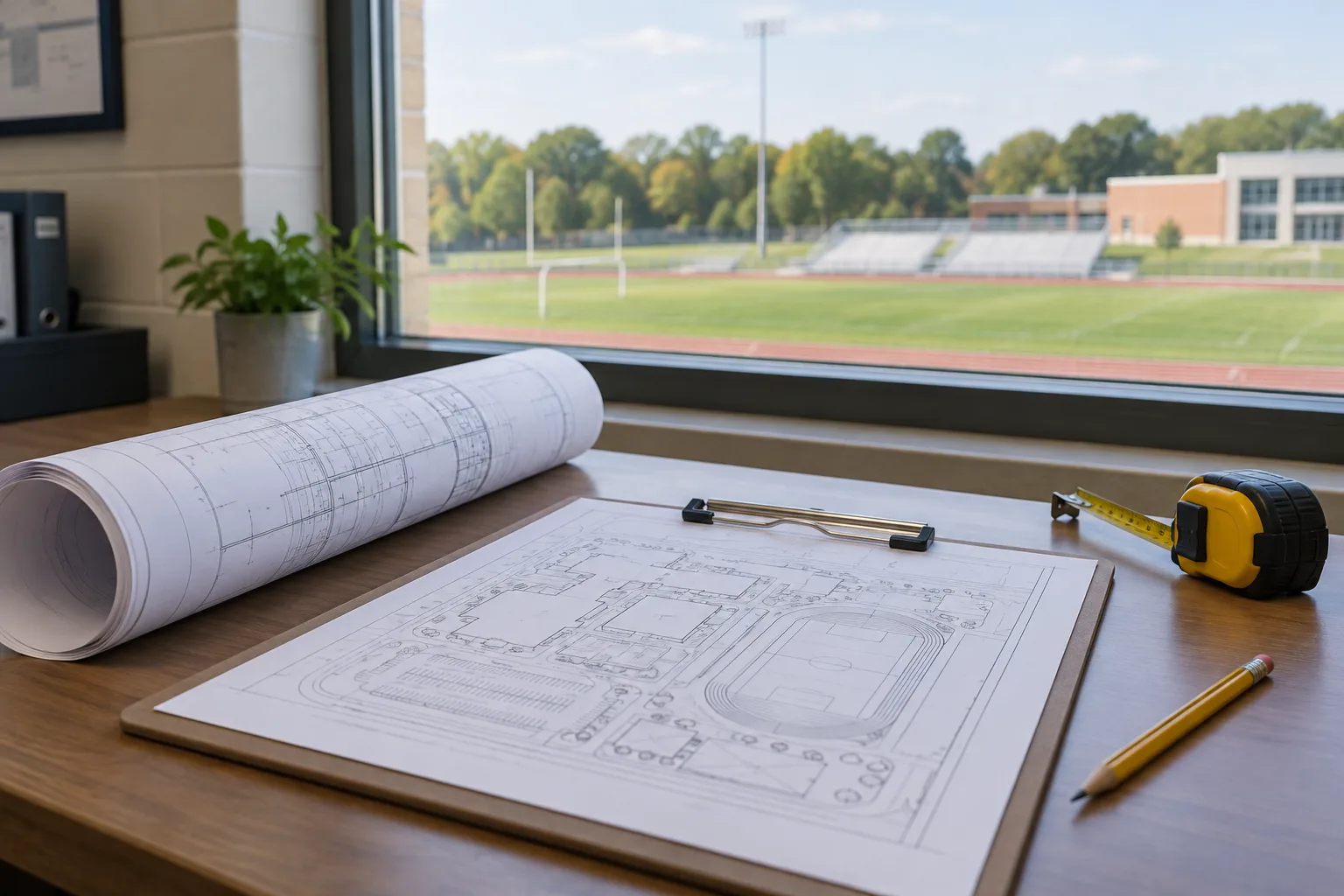 AI-generated planning concept: site plans and a clipboard beside a school sports field