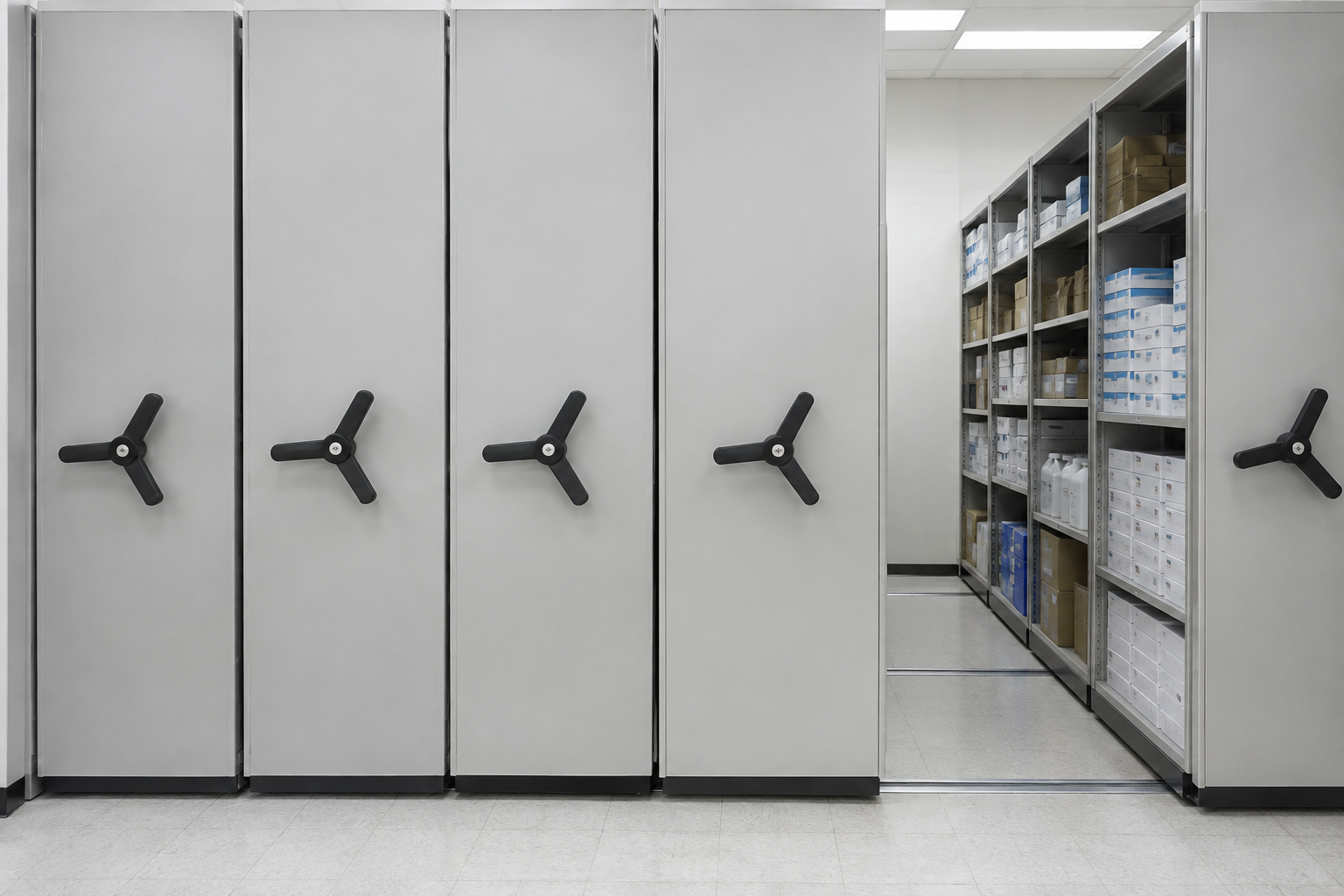 High-density mobile shelving holding school district supply stock in a district storage room