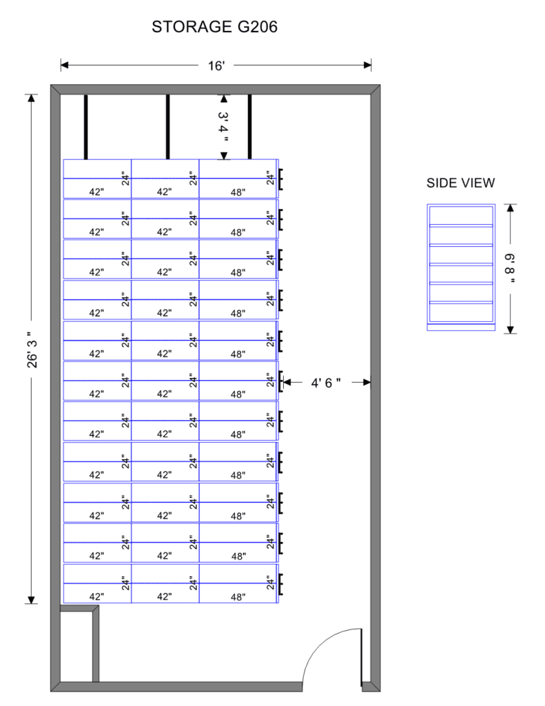 Mobile shelving layout drawing for a high school records and file room in Cottonwood Heights, Utah
