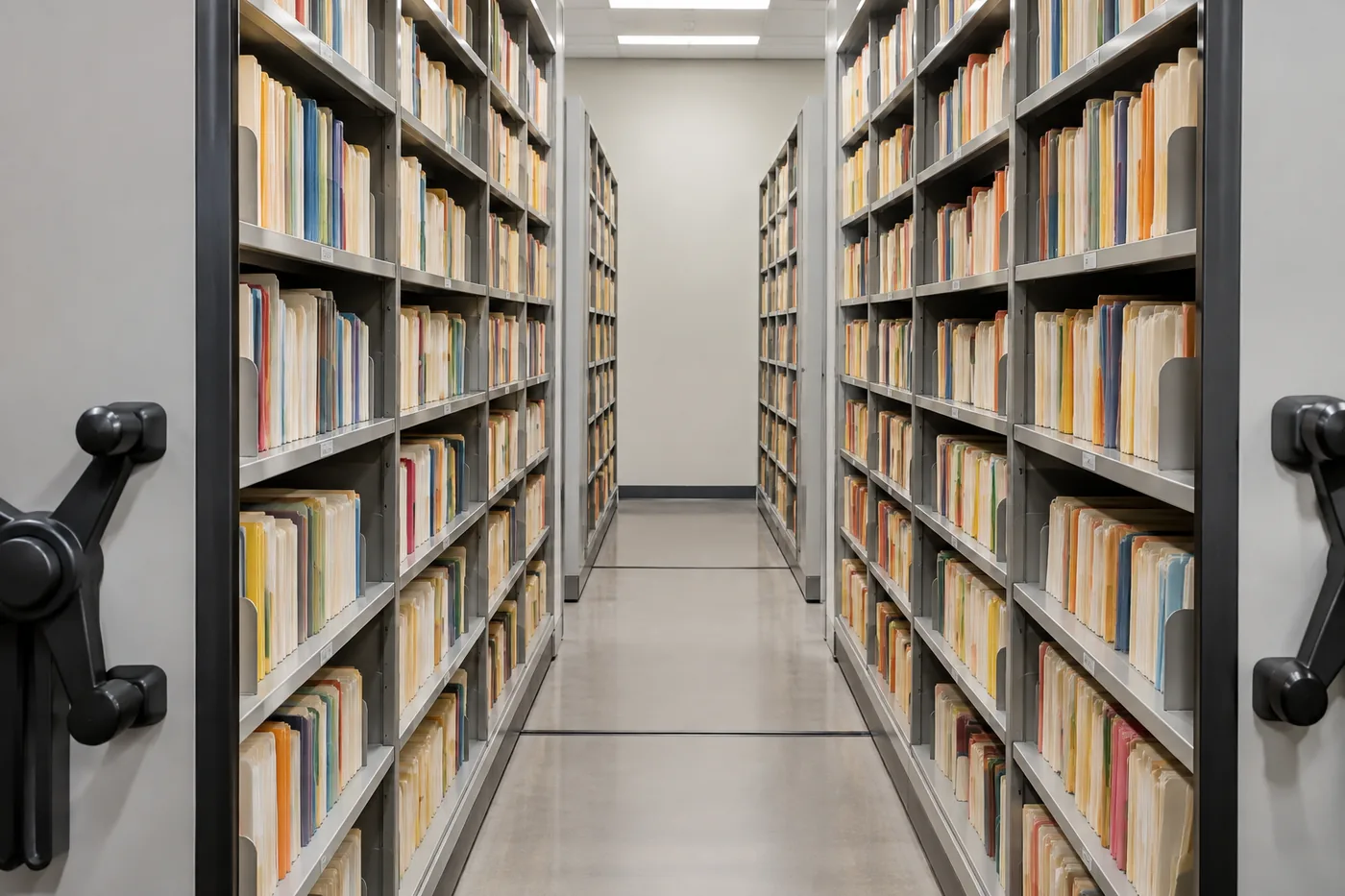 Open aisle of a mobile shelving file room with multiple shelf levels of stored letter and legal files