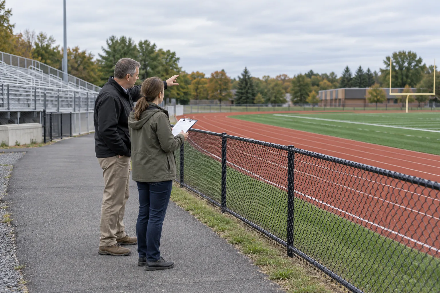 AI-generated planning concept: facilities planners reviewing an empty school athletics site