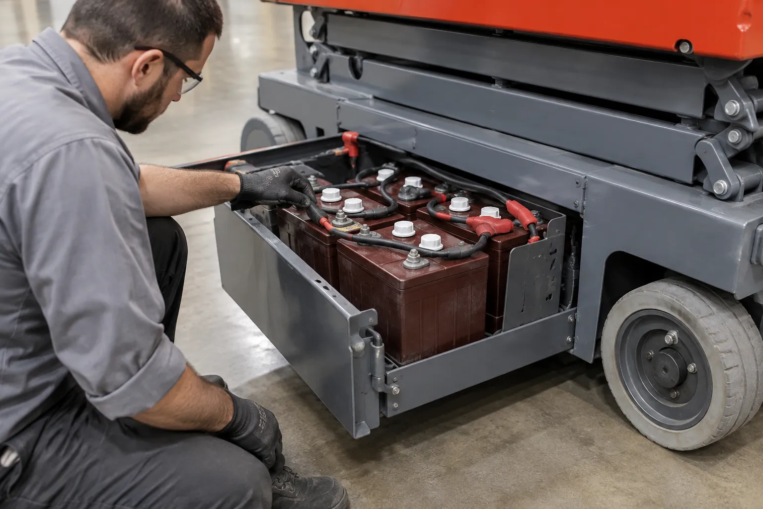 Technician inspecting the open battery tray and cable connections on an electric scissor lift
