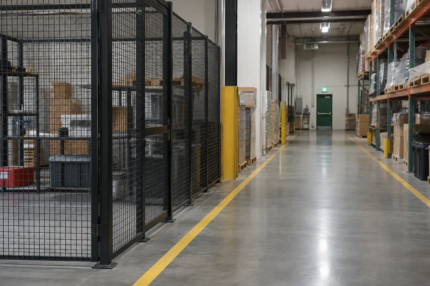 Wire mesh security cage set back from a clear yellow-lined warehouse aisle leading to an exit door