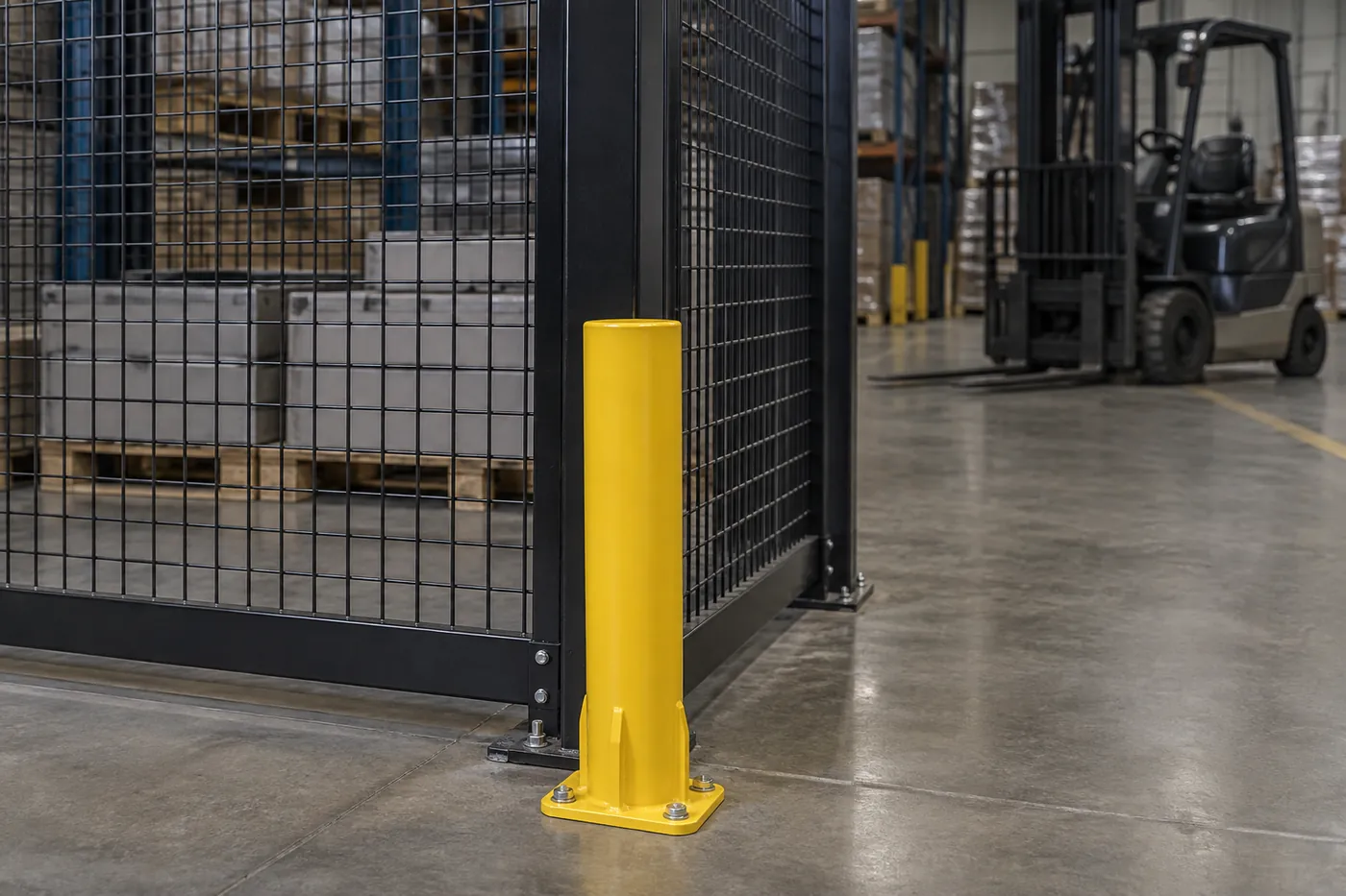 Yellow steel post protector anchored in front of a wire mesh security cage corner beside a forklift aisle