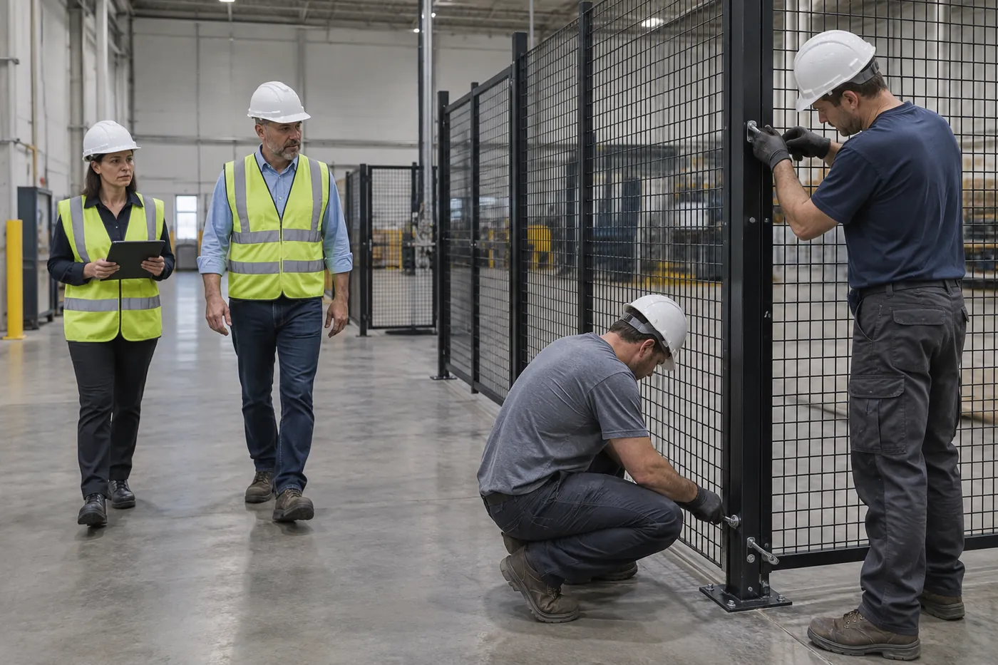 Installers bolting wire mesh cage panels to posts while facility staff with a tablet walk the layout