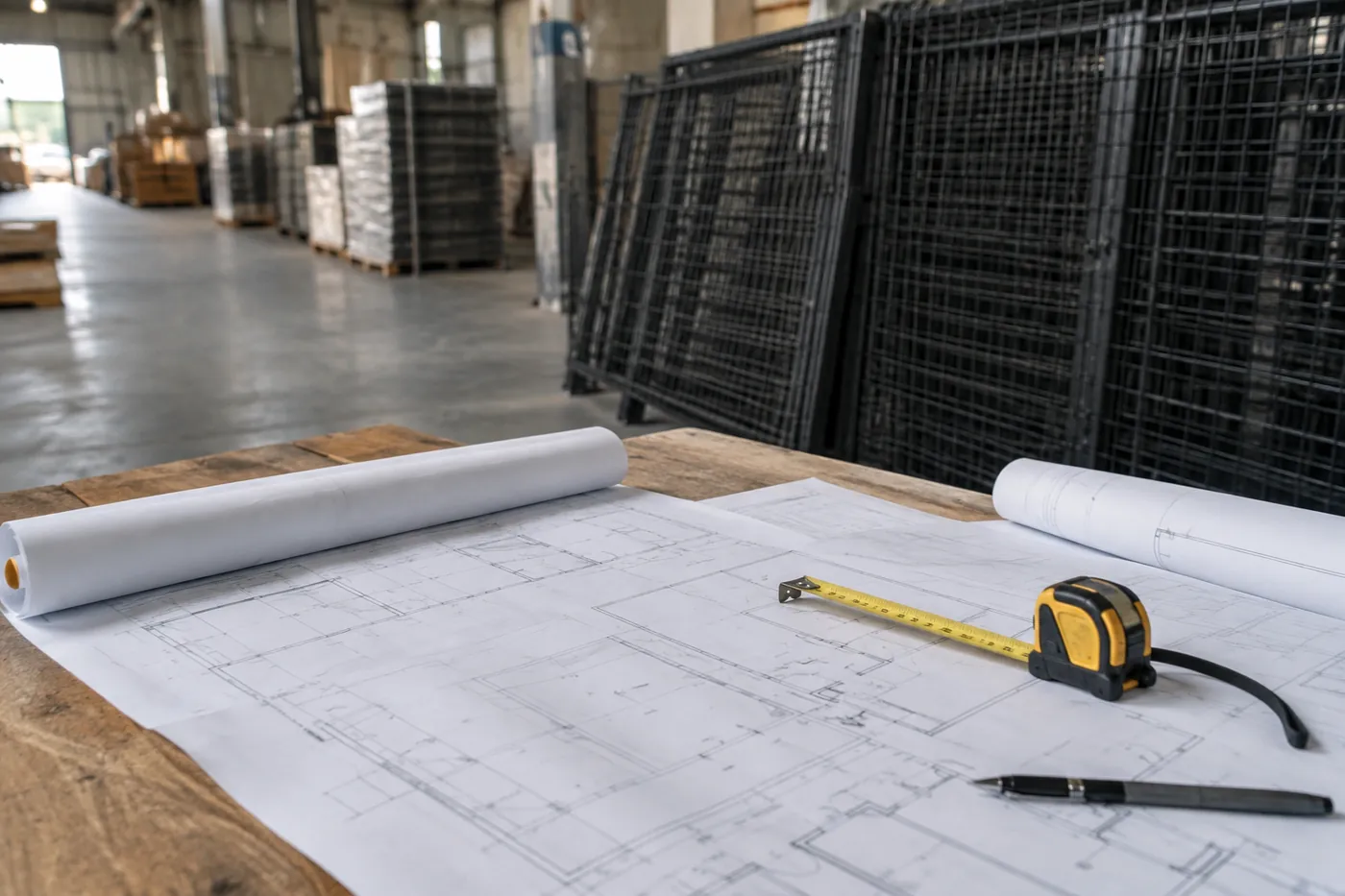 Floor plan drawings, tape measure and pen on a workbench with black wire mesh cage panels stacked behind