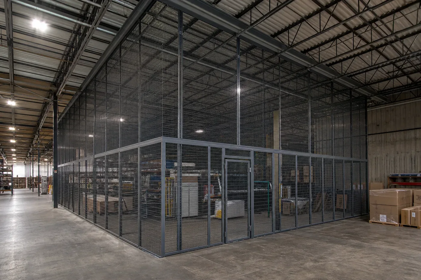 Full-height welded wire mesh enclosure in the corner of a warehouse holding palletized stock and cartons