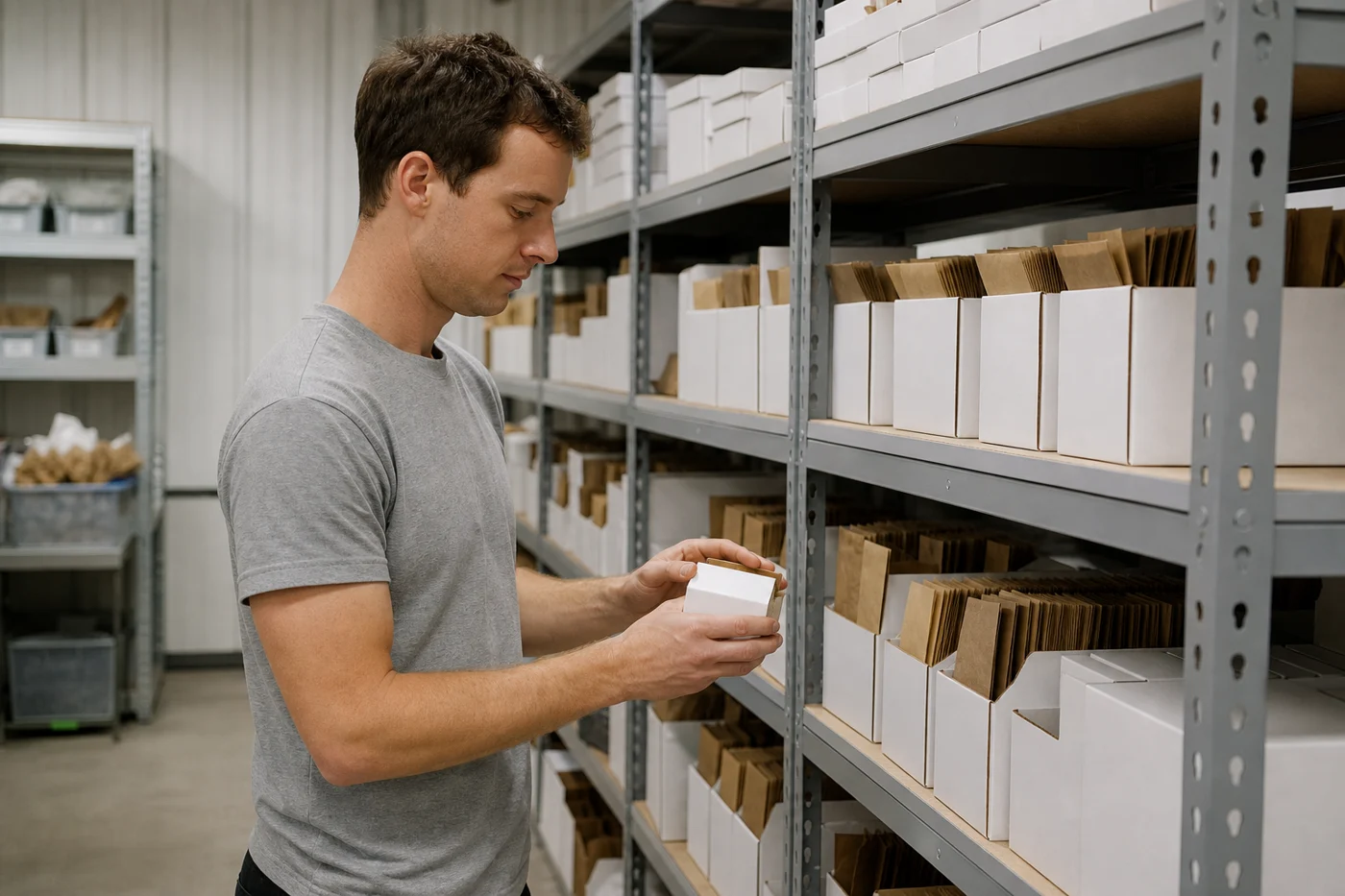 Stocked boltless shelving aisle with cartons and small product boxes on solid shelf decks