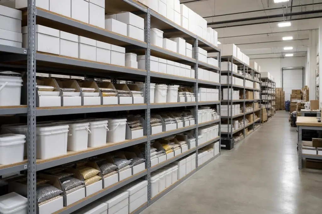 Seed company warehouse aisle with grey boltless rivet shelving and particle board decks holding cartons, buckets and bagged seed