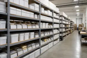 Seed company warehouse aisle with grey boltless rivet shelving and particle board decks holding cartons, buckets and bagged seed