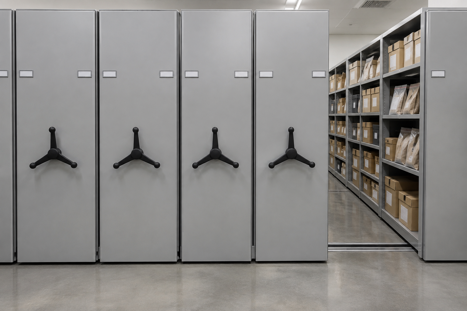 Front-facing mobile shelving carriage ends with handwheels in a sheriff's office evidence storage room