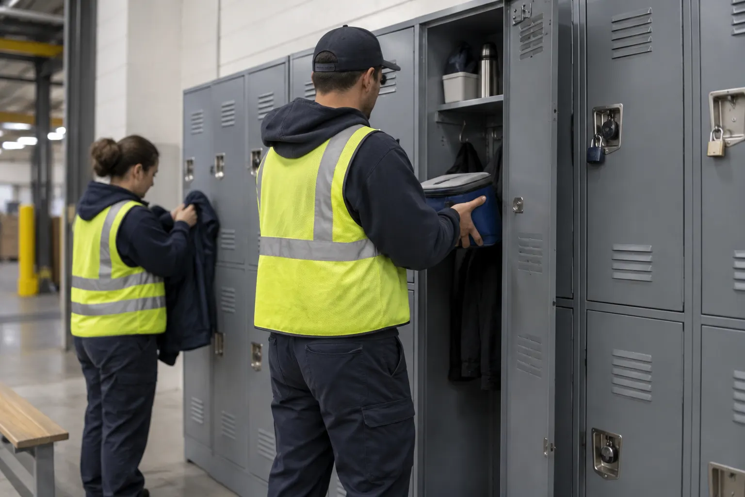 Warehouse workers in hi-vis vests storing a jacket and lunch cooler in double-tier steel employee lockers during a shift change