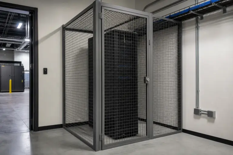 Wire mesh security cage around a single network rack in a server closet