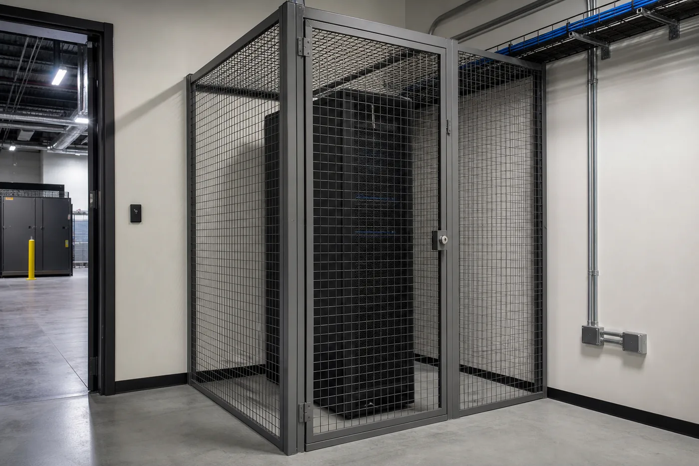 Single-rack wire mesh security cage enclosing one network cabinet in a small server closet