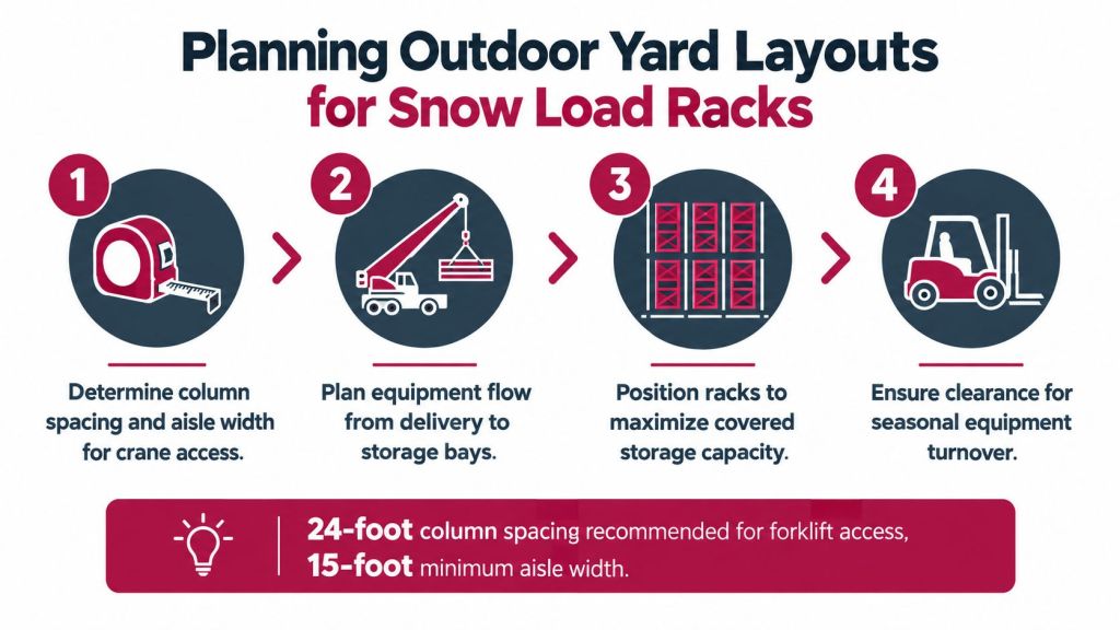 A four-step infographic illustrating the planning process for organizing outdoor snow load racks and storage yard layouts.