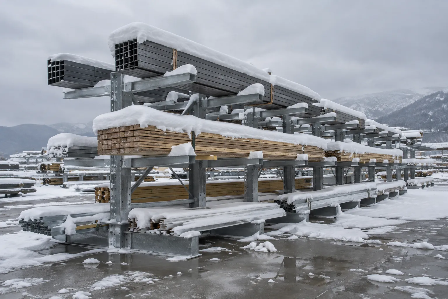 Open galvanized cantilever rack after a snowfall with snow piled on the loads on the top arms