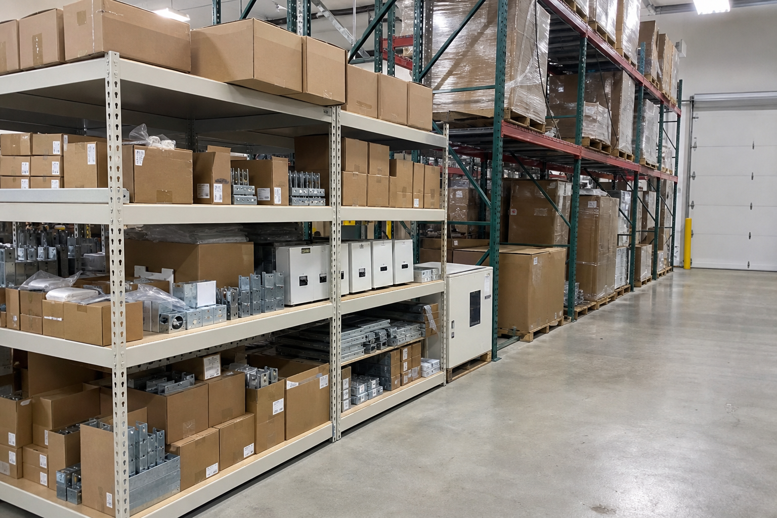 Boxed inverters and mounting hardware stored on boltless rivet shelving beside pallet racking
