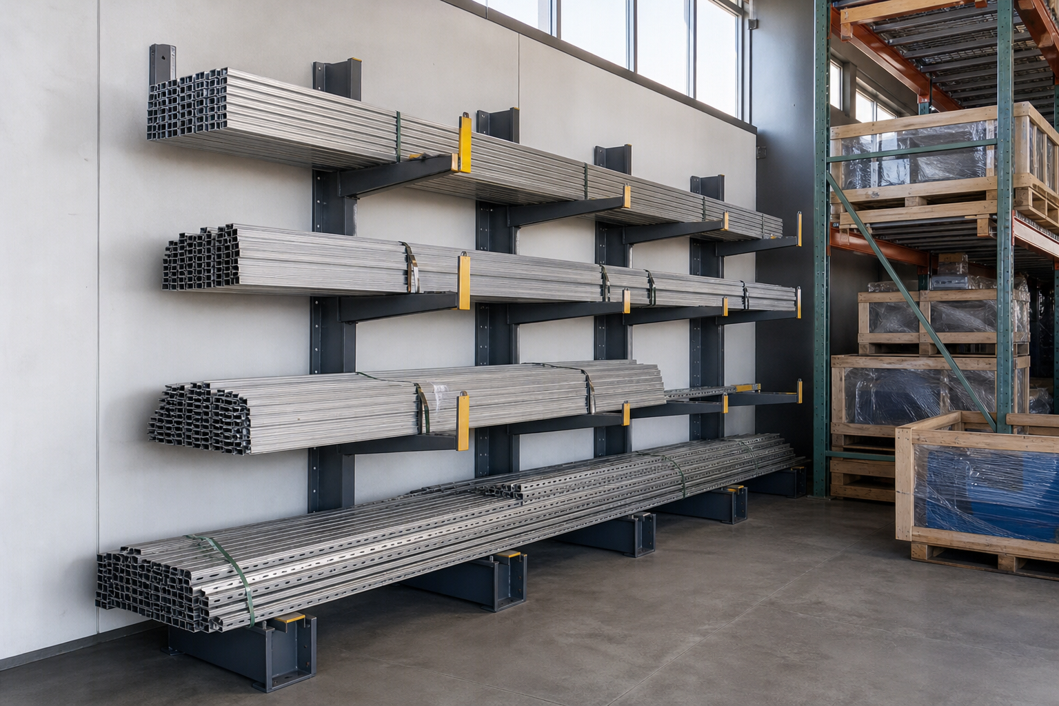 Bundled aluminum mounting rails stored on heavy-duty cantilever rack arms along a wall