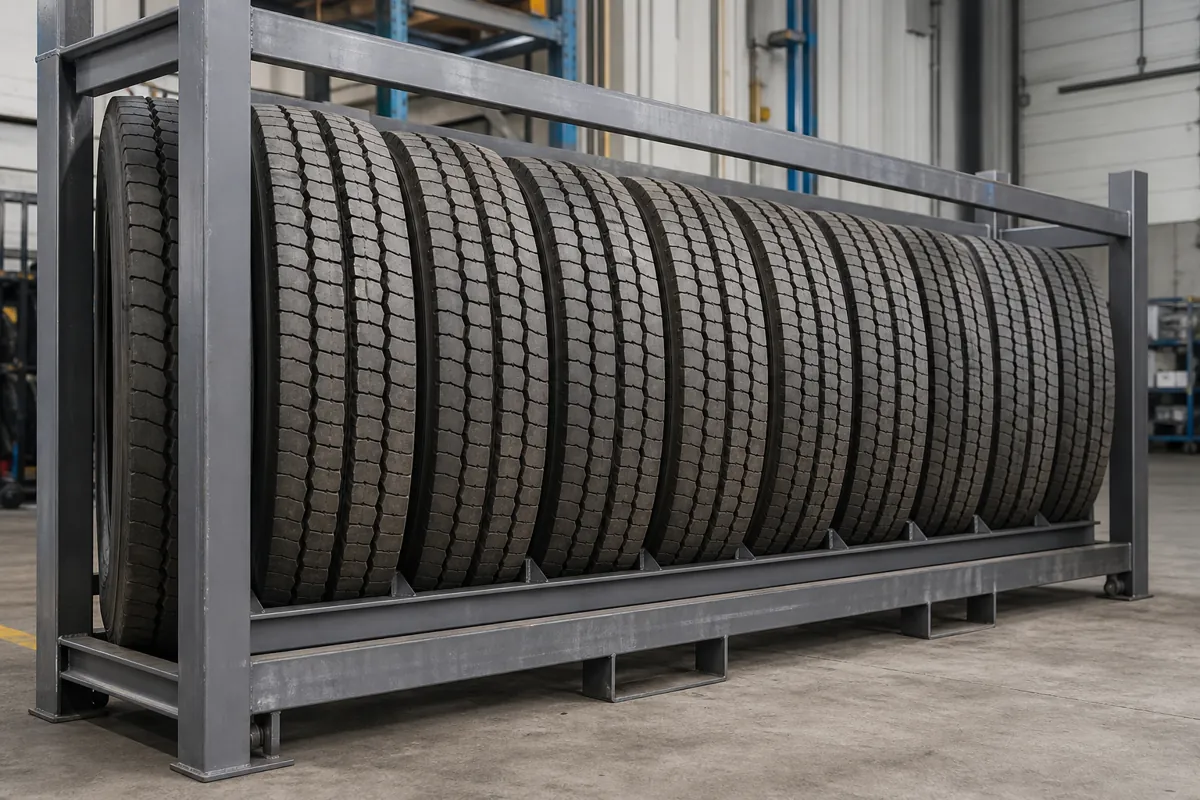 Heavy-duty steel stacking frame holding commercial truck tires standing upright on their tread