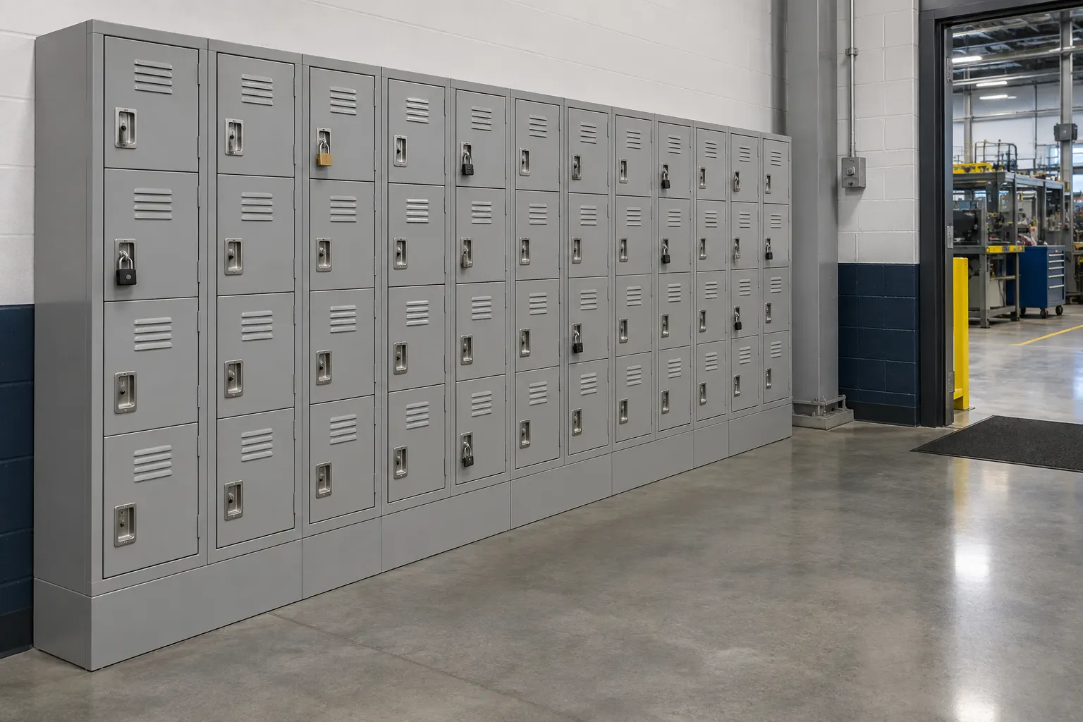 Long bank of gray four-tier steel box lockers with padlock hasps along a corridor wall at the entrance to a warehouse floor