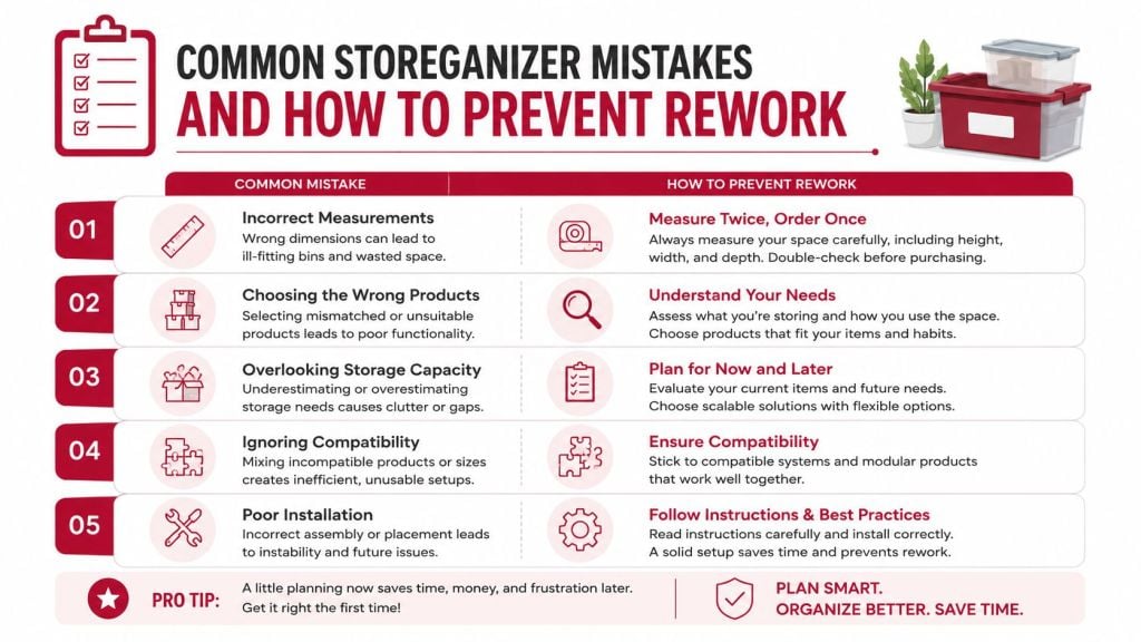 An infographic detailing five common storage organization mistakes and expert tips to prevent rework and improve efficiency.