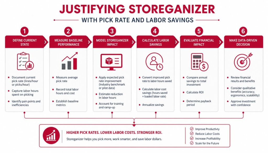 A six-step infographic demonstrating how to justify Storeganizer implementation through improved pick rates and labor savings.