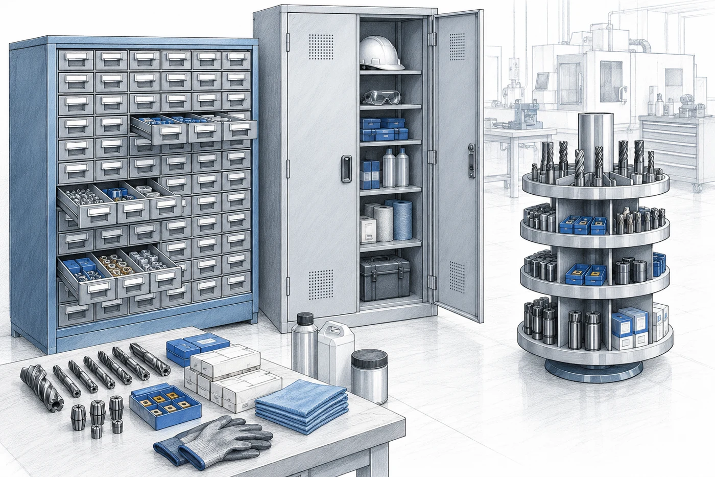 Concept drawing of industrial inventory control conceptual drawing with compartmented drawer cabinet, secured locker and small carousel storage unit, cutting tools and packaged maintenance items neatly arranged nearby.