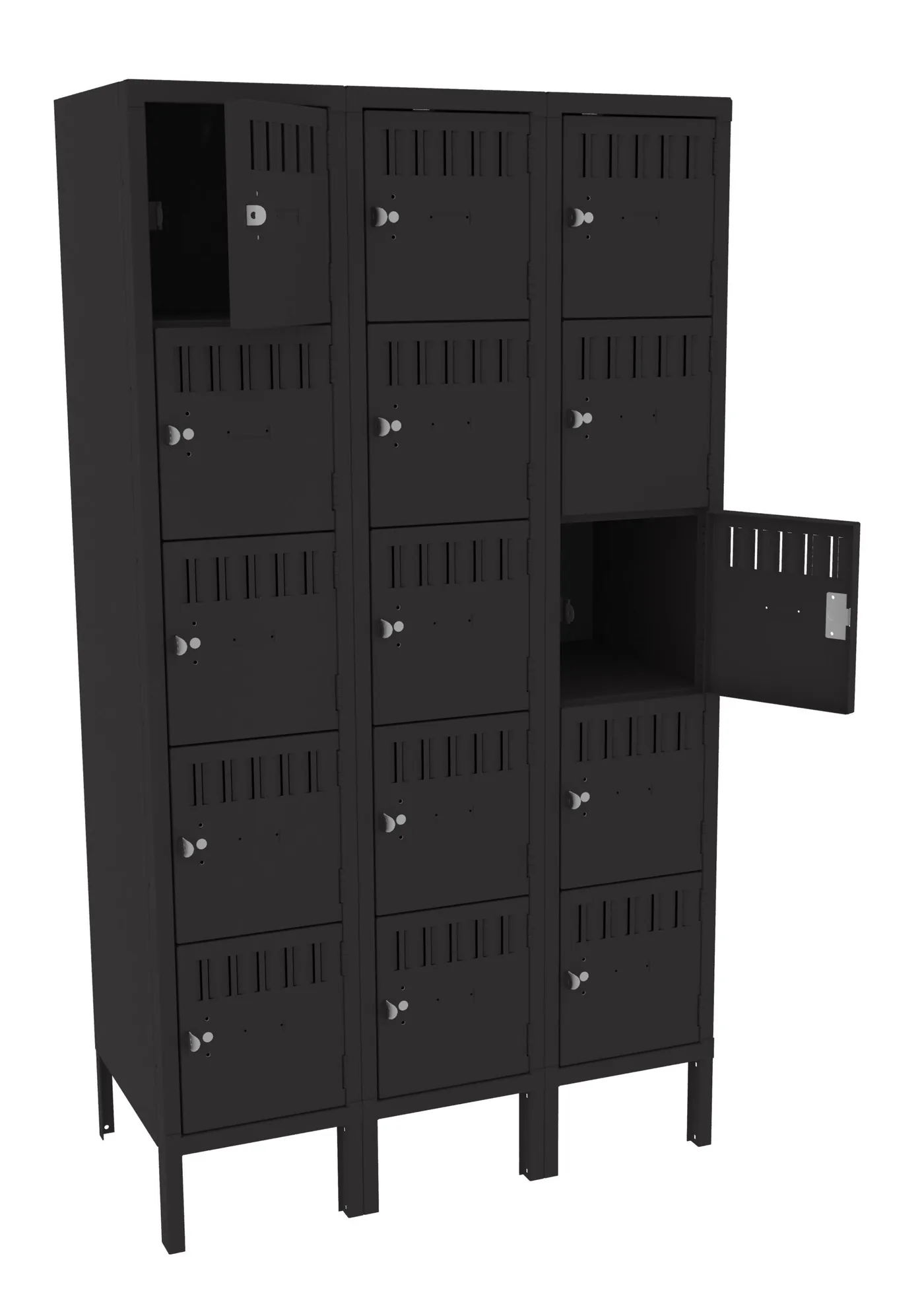 Three-wide five-tier Tennsco steel box locker in black on legs with one door open