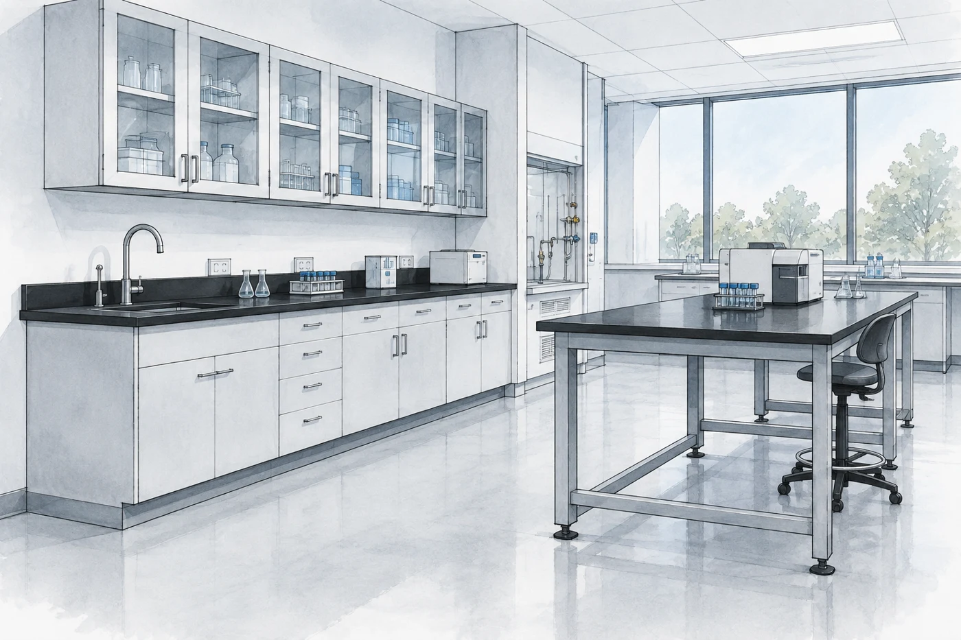 AI-generated planning illustration: Laboratory with fixed base cabinets along one wall and a separate freestanding instrument table, black worktops and clear service access