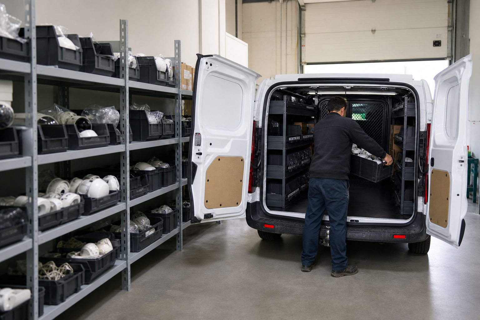 Technician loading a service van with labeled bins of security equipment from warehouse shelving