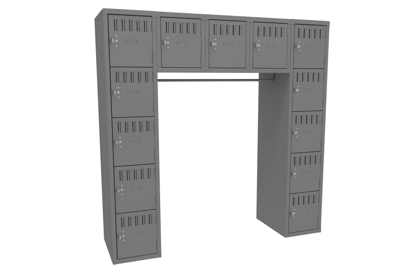 Tennsco 15-person steel box locker with box lockers on both sides of an open coat-rod bay
