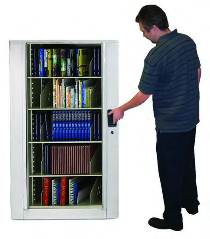 Person opening a Times-2 rotary cabinet fitted with the optional electronic keypad lock
