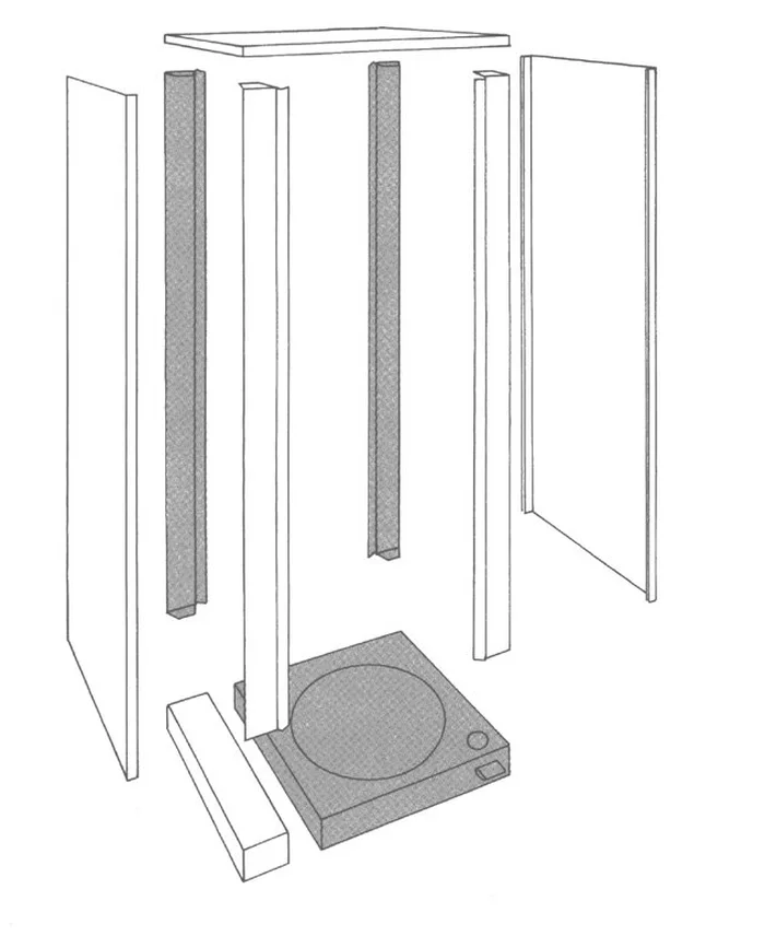 Exploded view of a Times-2 rotary cabinet: base, posts, end panels, doors and canopy top that ship as separate parts