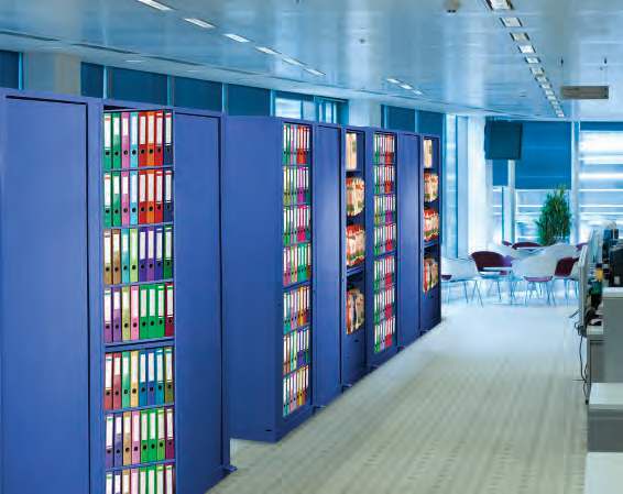 Row of locking Times-2 rotary cabinets along an office wall