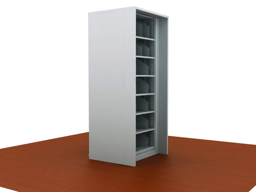 Tall Times-2 rotary unit rotated open to show its standard adjustable shelves