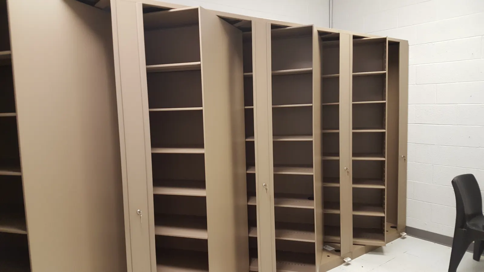 Times-2 Speed File cabinets rotated open to show adjustable shelf tiers, Salt Lake City installation