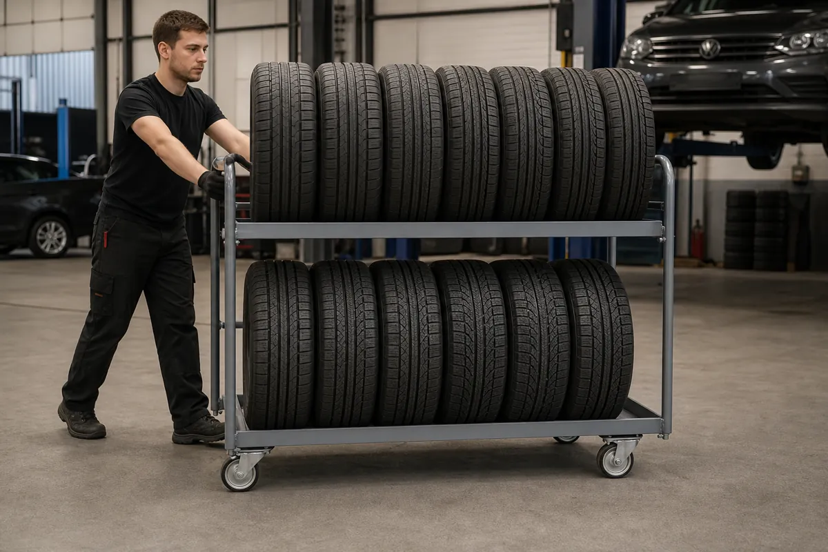 Technician pushing a two-level steel tire trolley loaded with tires standing on the tread through a service bay