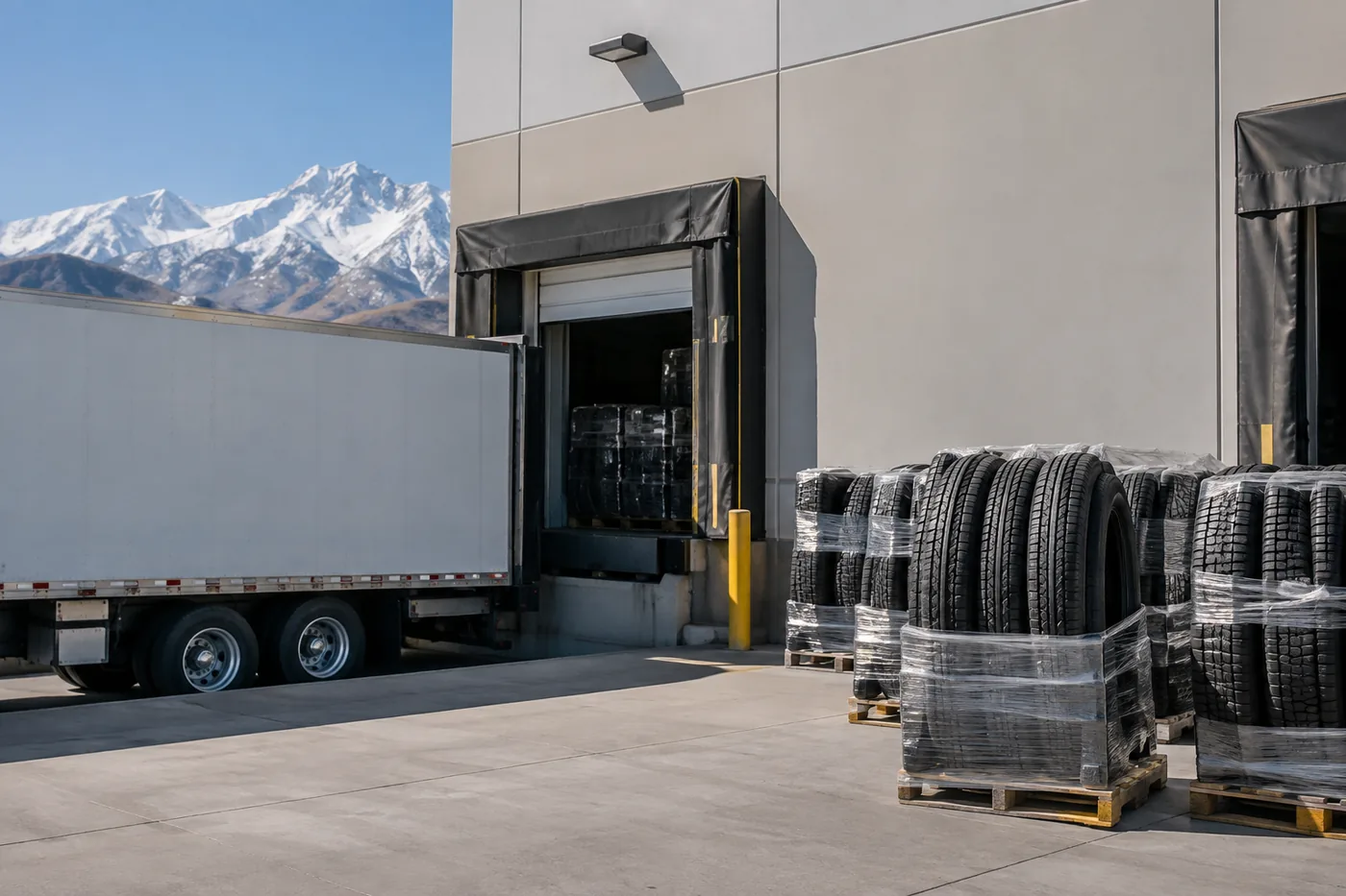 Stretch-wrapped pallets of tires staged at a Utah warehouse loading dock beside a trailer, with the Wasatch Mountains behind