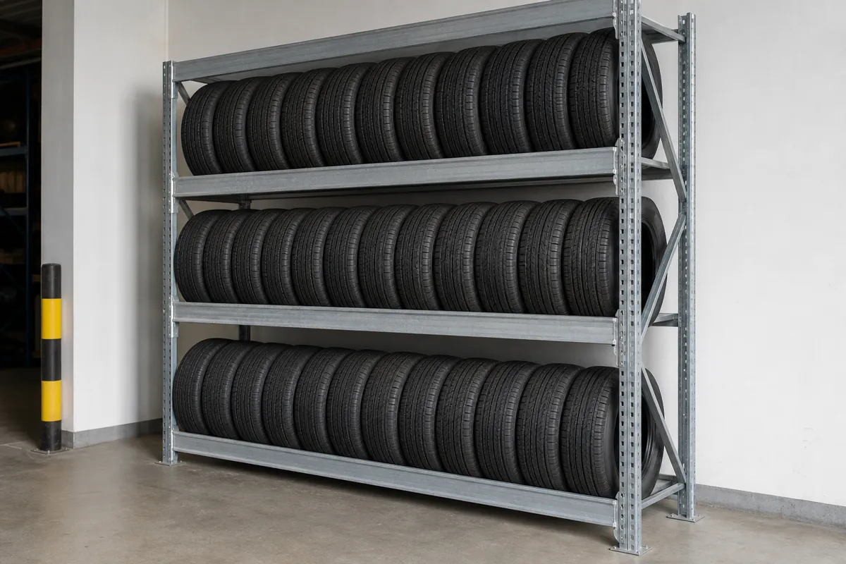 Freestanding four-level steel tire shelving bay with tires stored upright on their tread