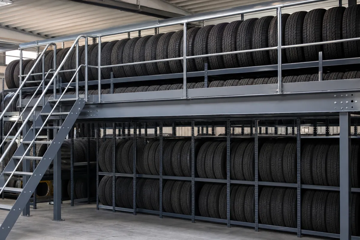 Steel mezzanine over a tire storeroom with tires stored upright on their tread on racking above and below