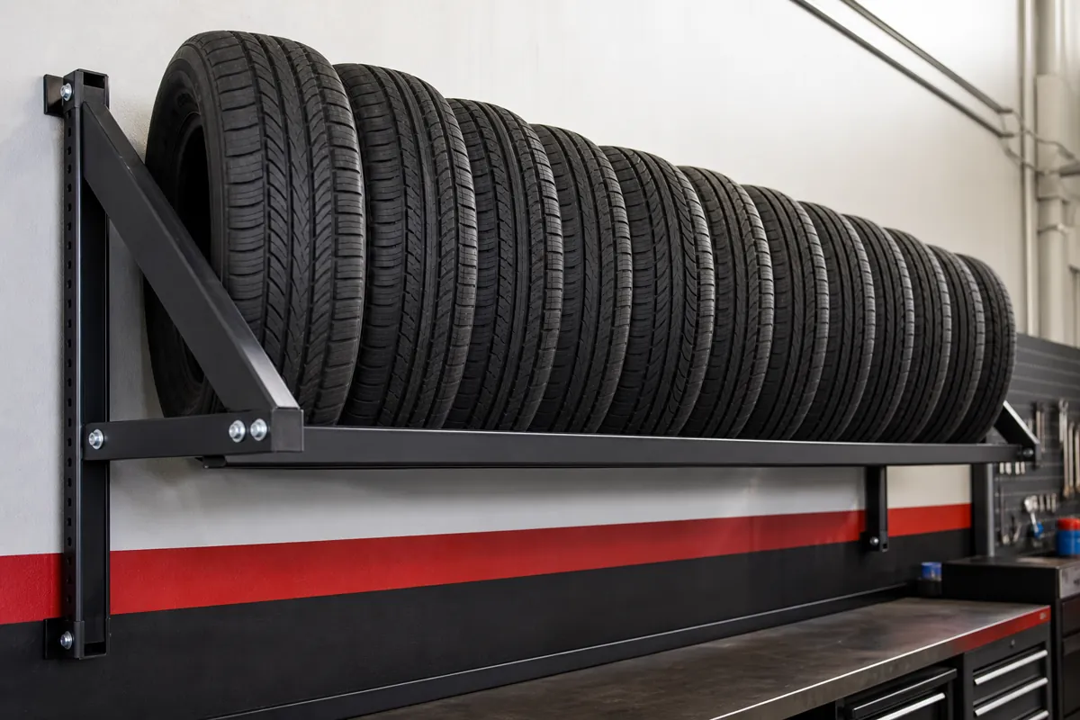 Wall-mounted steel tire rack bracket system holding tires stored upright on their tread above a workbench