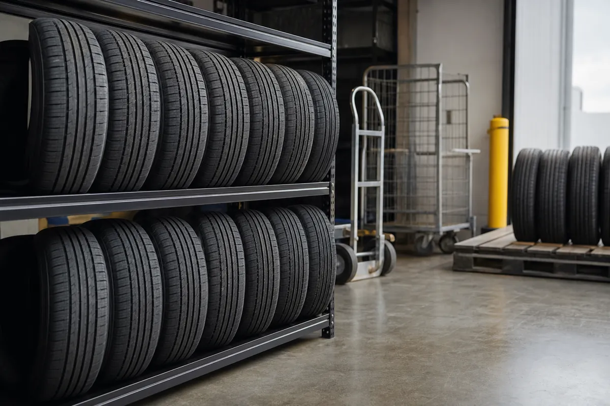 Tire shop receiving area staging a new tire delivery onto steel racking with tires stored upright on their tread