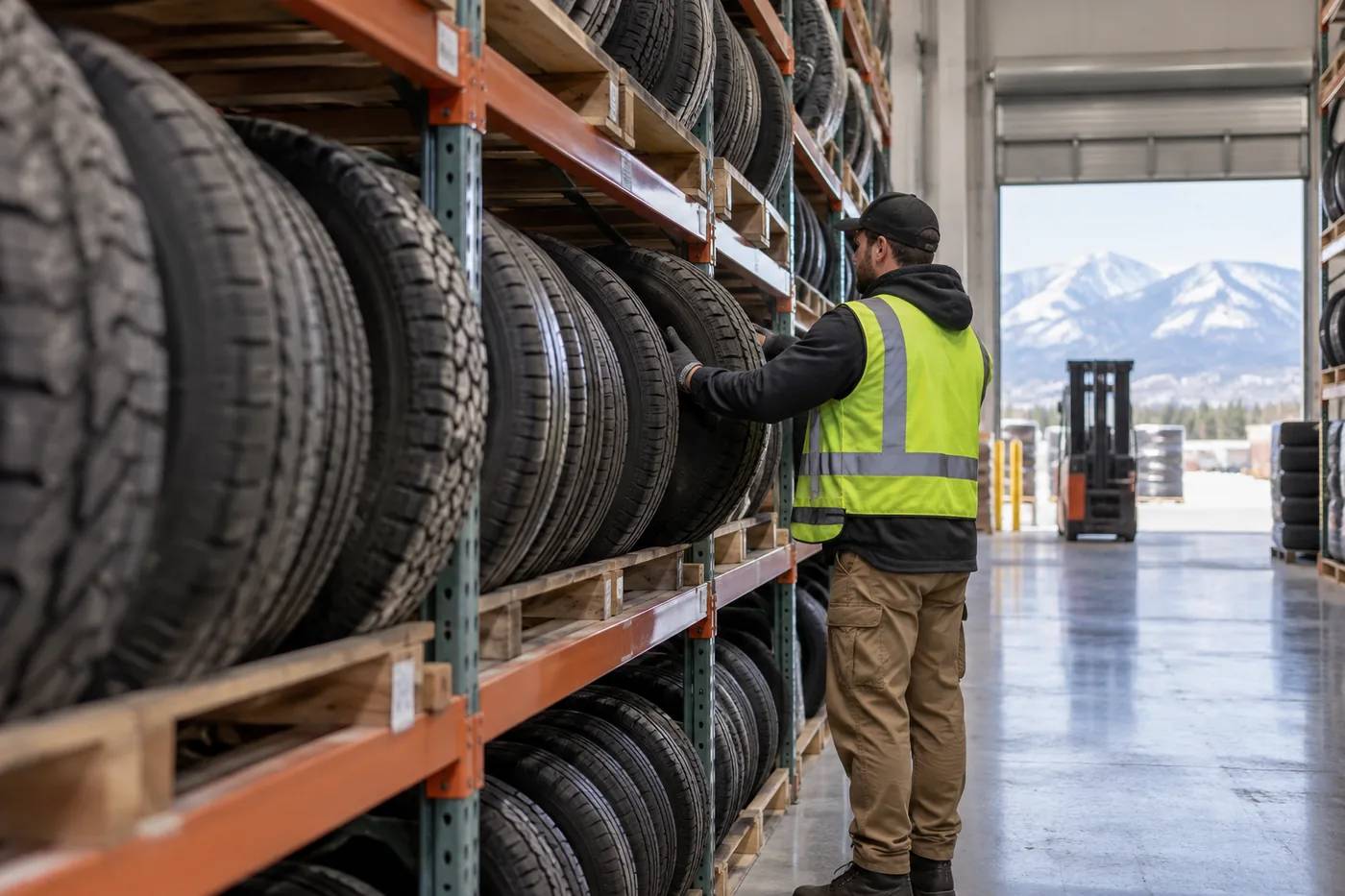 Warehouse worker in a high-visibility vest checking tire placement on Utah tire storage racking