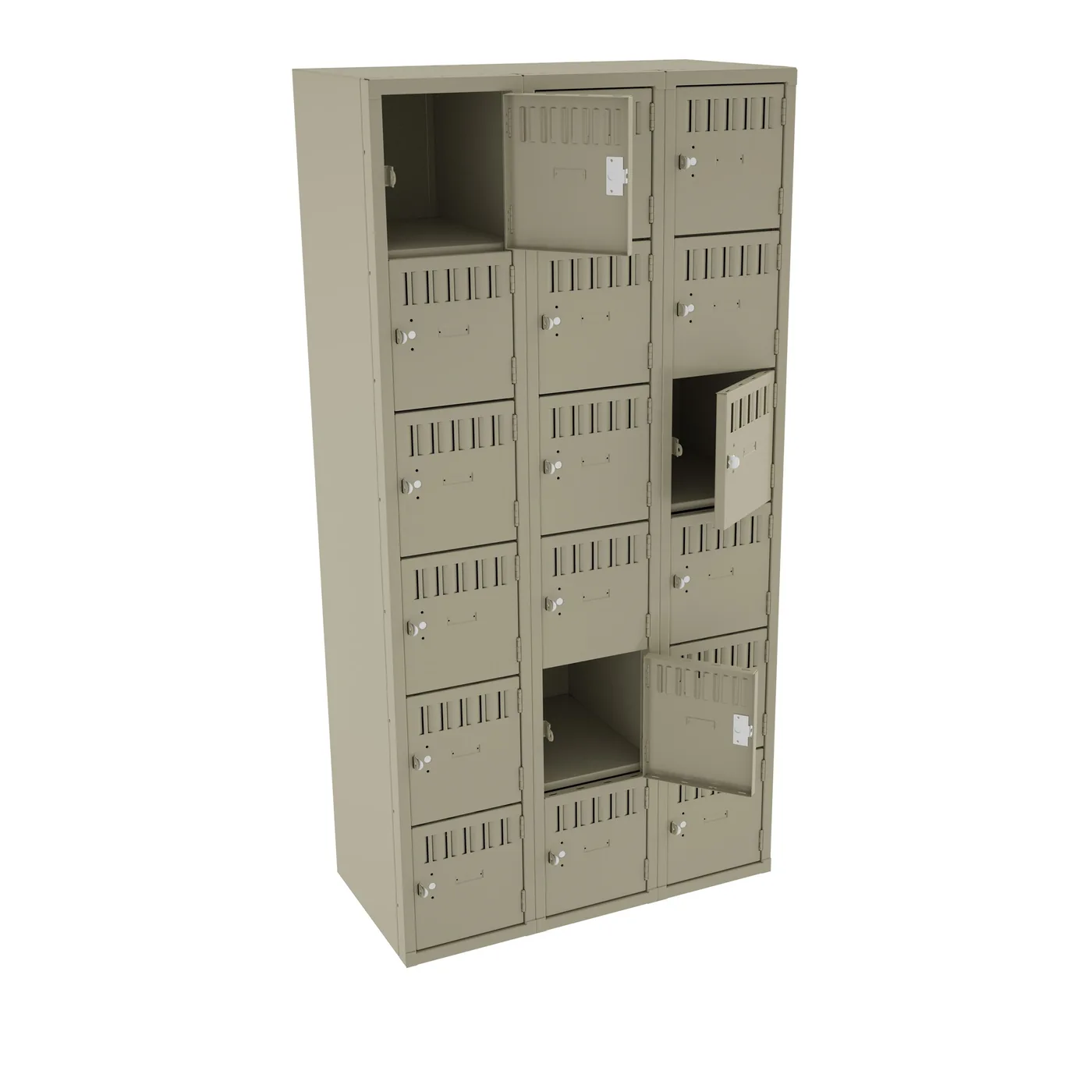 Tennsco three-wide six-tier steel box locker in sand with two small doors open