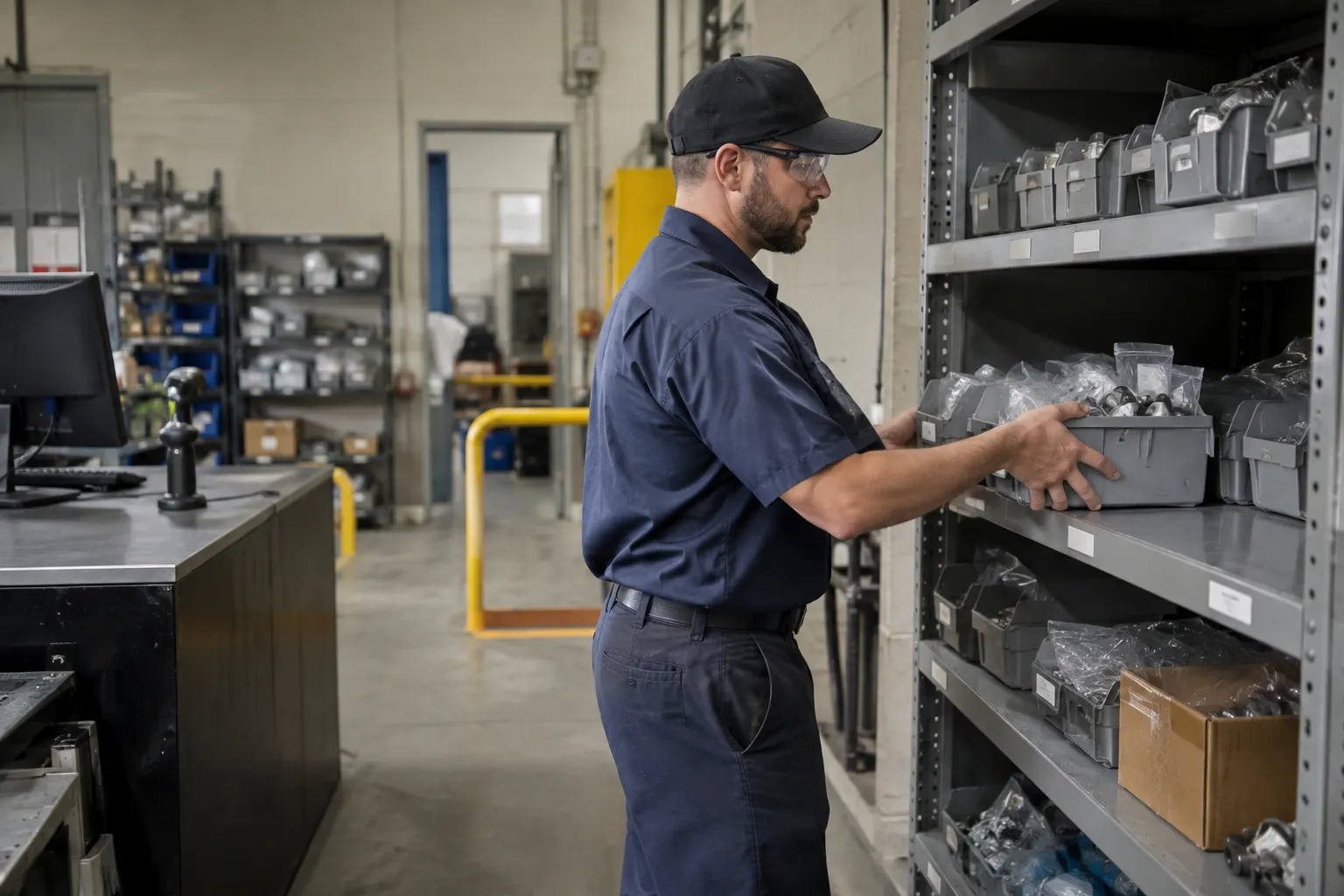 Storeroom attendant placing a tote of spare parts for a work order on a labeled steel staging shelf beside the issue counter