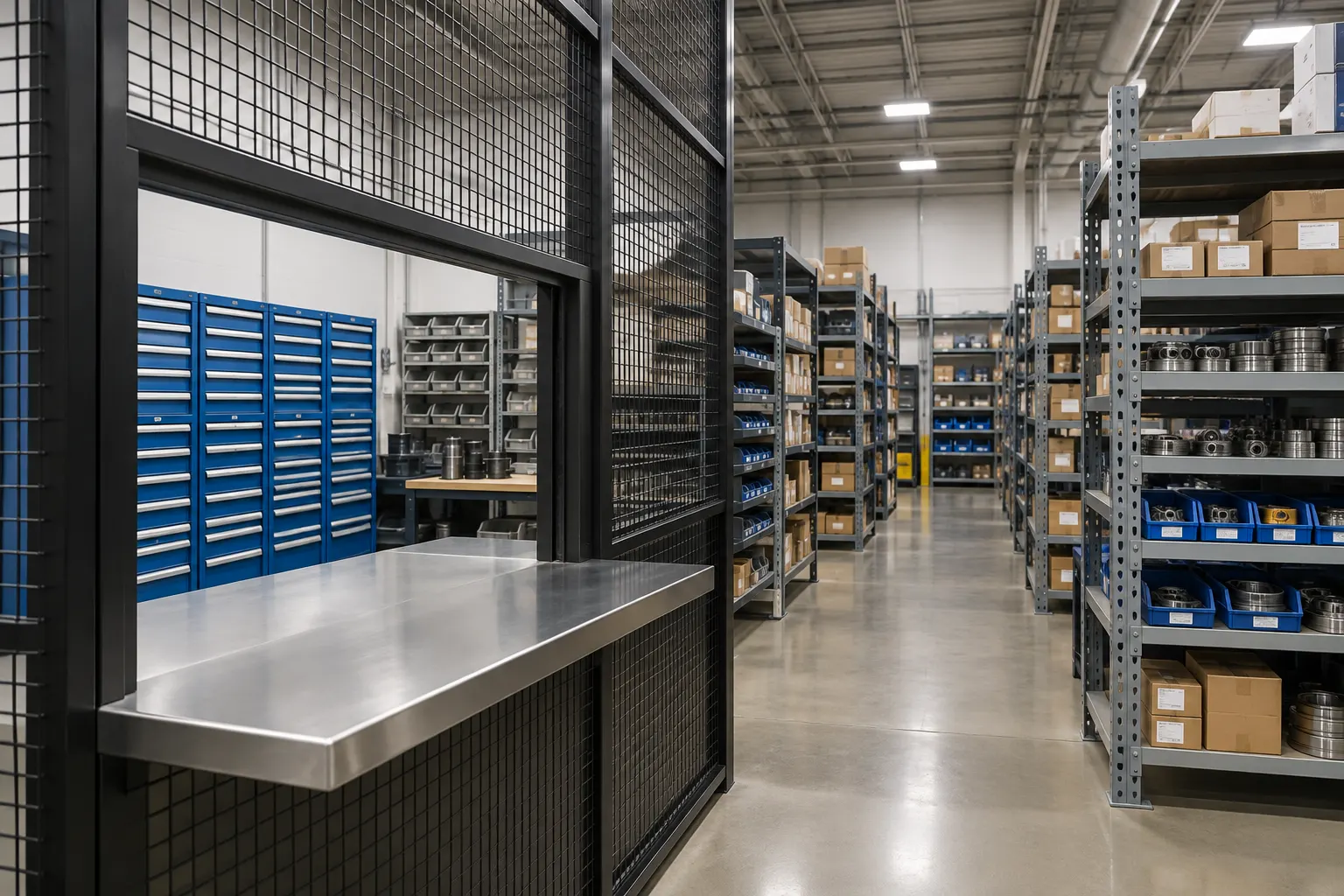 Maintenance tool crib with a wire mesh issue window, blue modular drawer cabinets and steel shelving of bins and spare parts