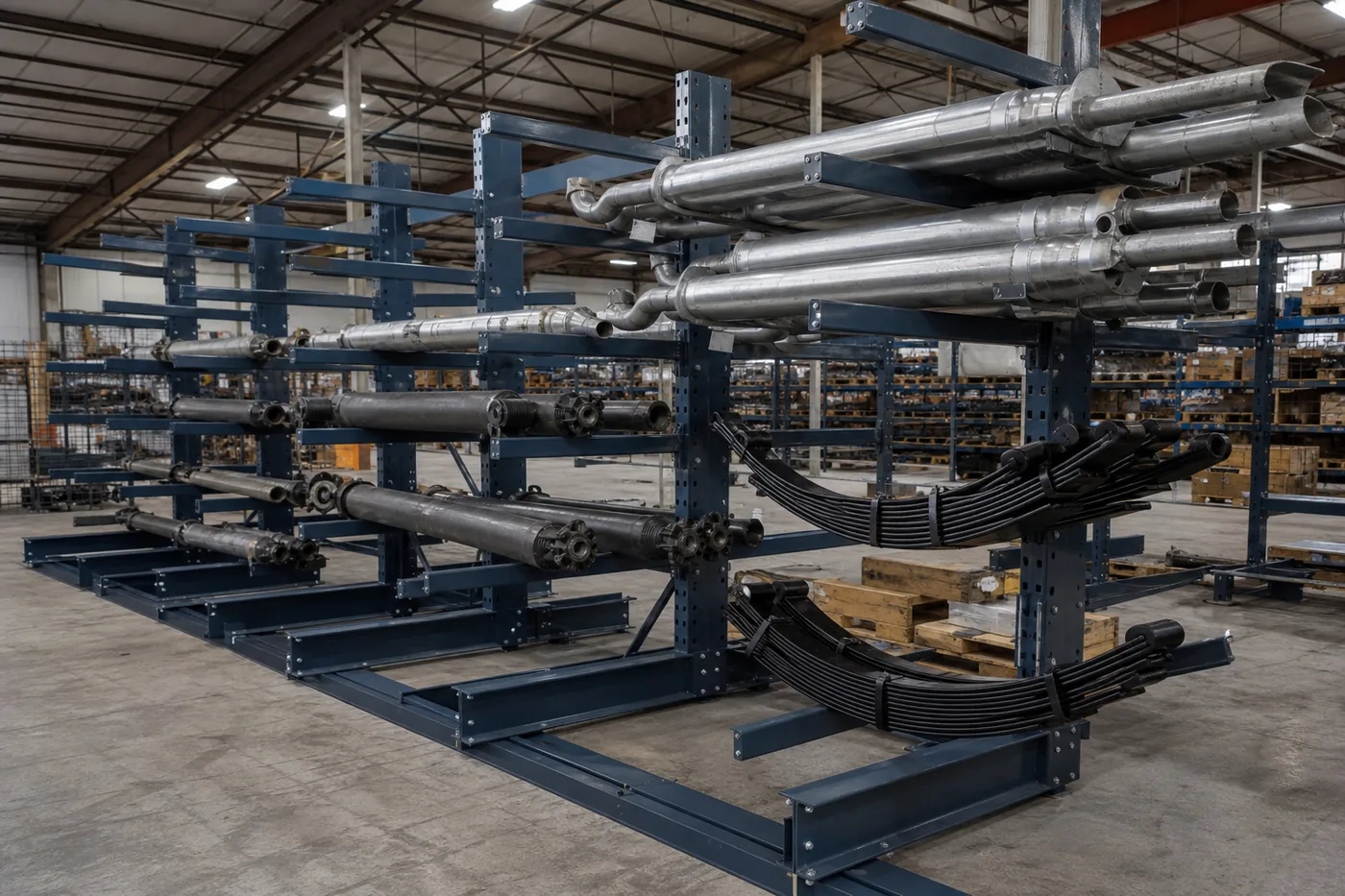 Cantilever rack holding long exhaust pipe, driveshafts and leaf springs in a heavy equipment parts warehouse
