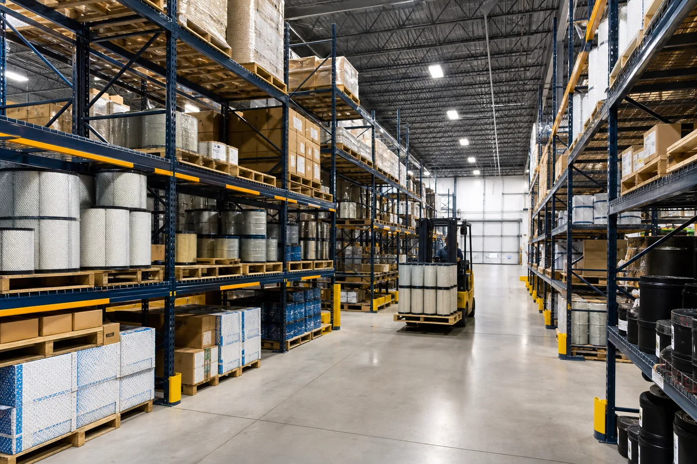 Pallet rack bays holding bulk truck filters and fluid drums in a parts department