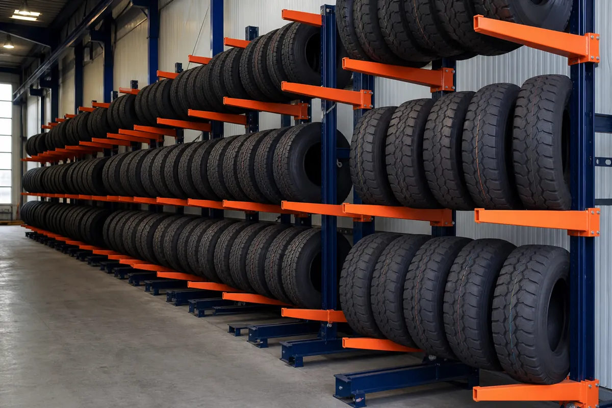 Heavy steel cantilever racking holding large truck tires stored upright on the tread