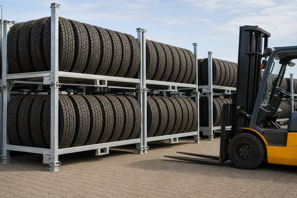 Steel portable stack racks loaded with truck tires stored on the tread in an outdoor storage yard
